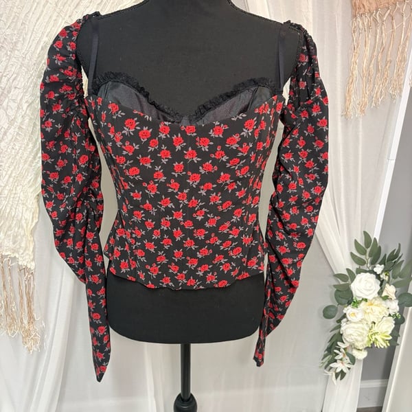 Moda Rose Print Corset Top | Off-Shoulder Puff Sleeve Bustier | Size M