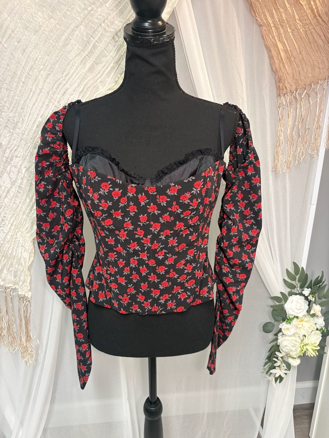 Moda Rose Print Corset Top | Off-Shoulder Puff Sleeve Bustier | Size M 3