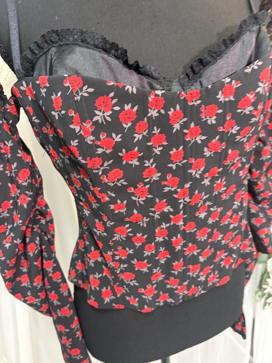 Moda Rose Print Corset Top | Off-Shoulder Puff Sleeve Bustier | Size M 4