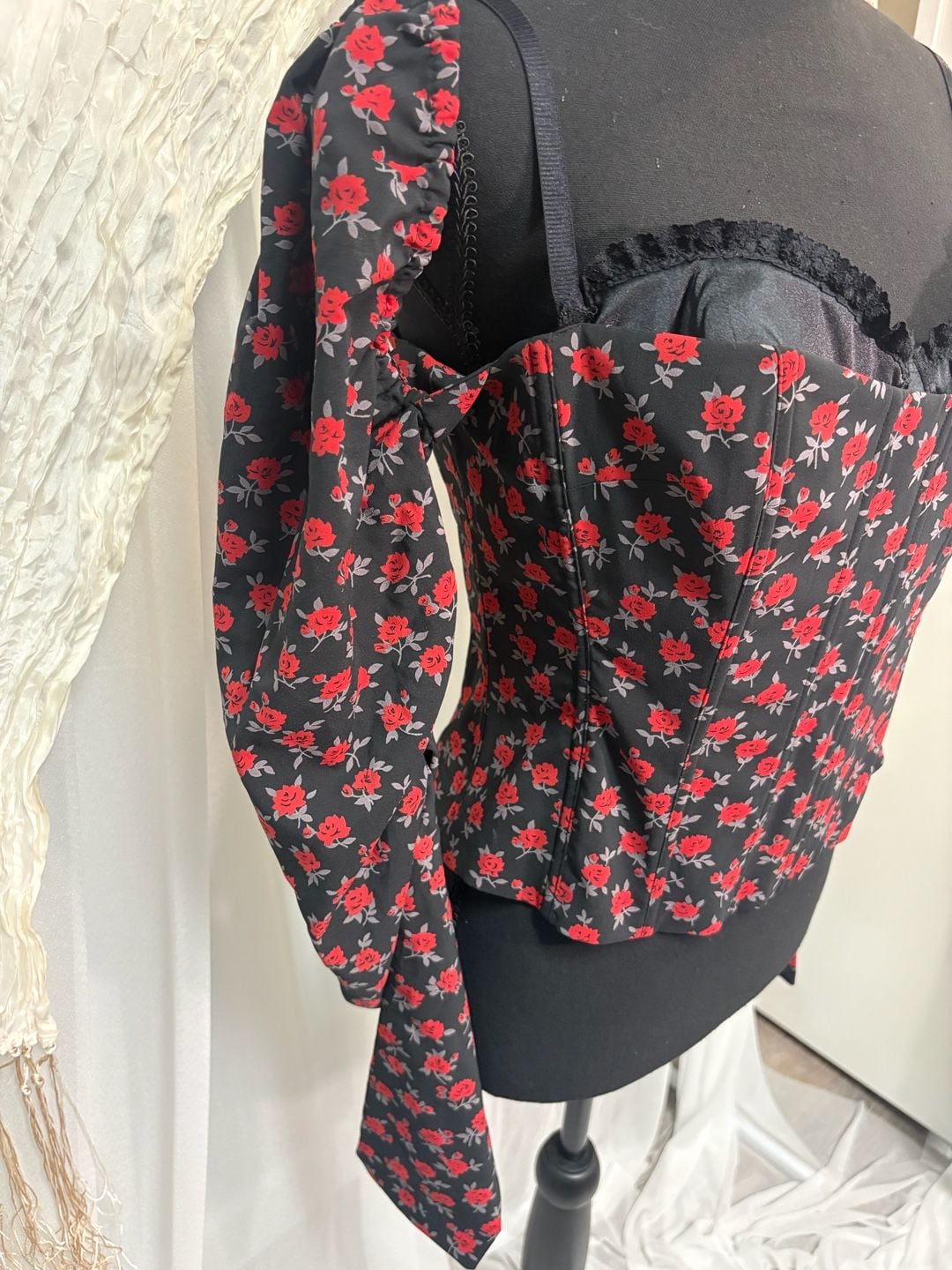 Moda Rose Print Corset Top | Off-Shoulder Puff Sleeve Bustier | Size M 5