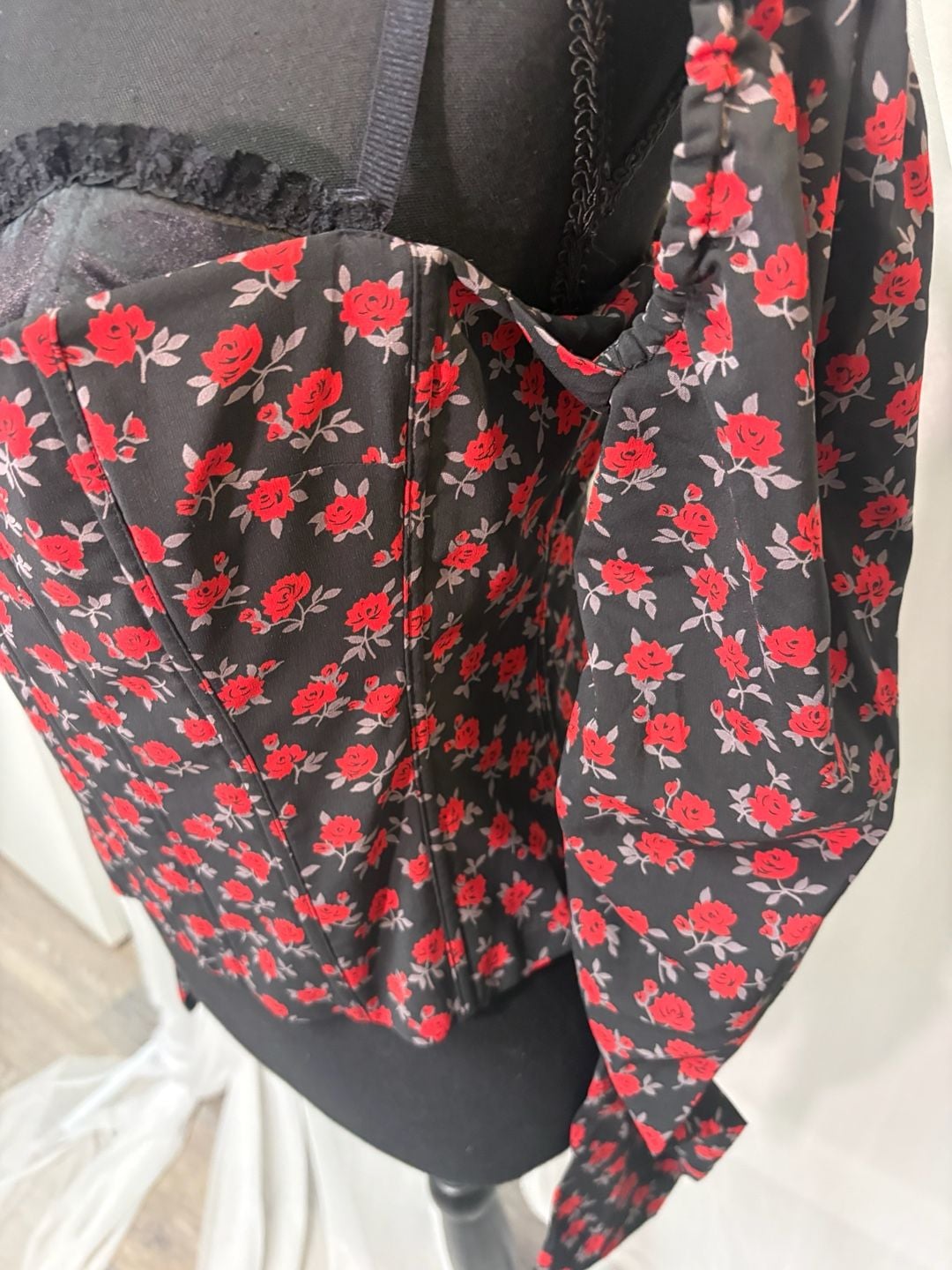 Moda Rose Print Corset Top | Off-Shoulder Puff Sleeve Bustier | Size M 6
