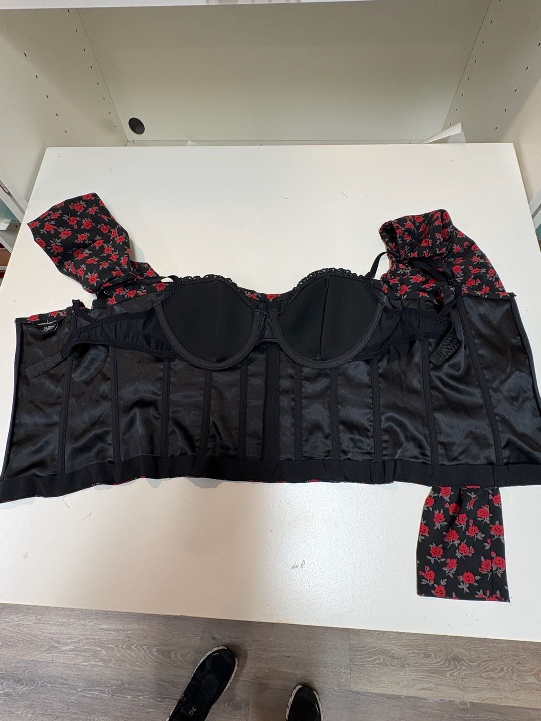 Moda Rose Print Corset Top | Off-Shoulder Puff Sleeve Bustier | Size M 9