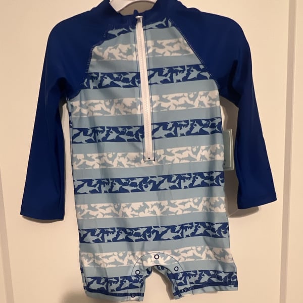 Little Lad Shark Rash Guard Swimsuit Size 24M Blue White