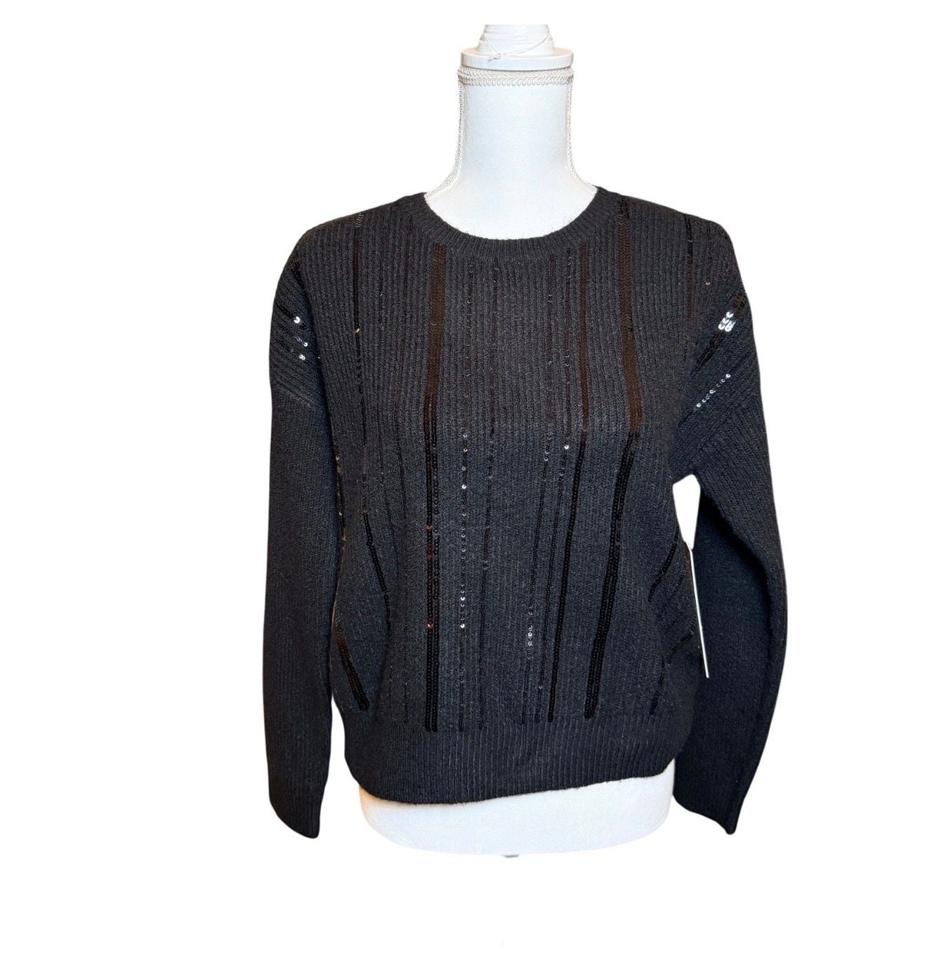 Calvin Klein Sequin Crew Neck Long Sleeve Sweater Black Size S 4