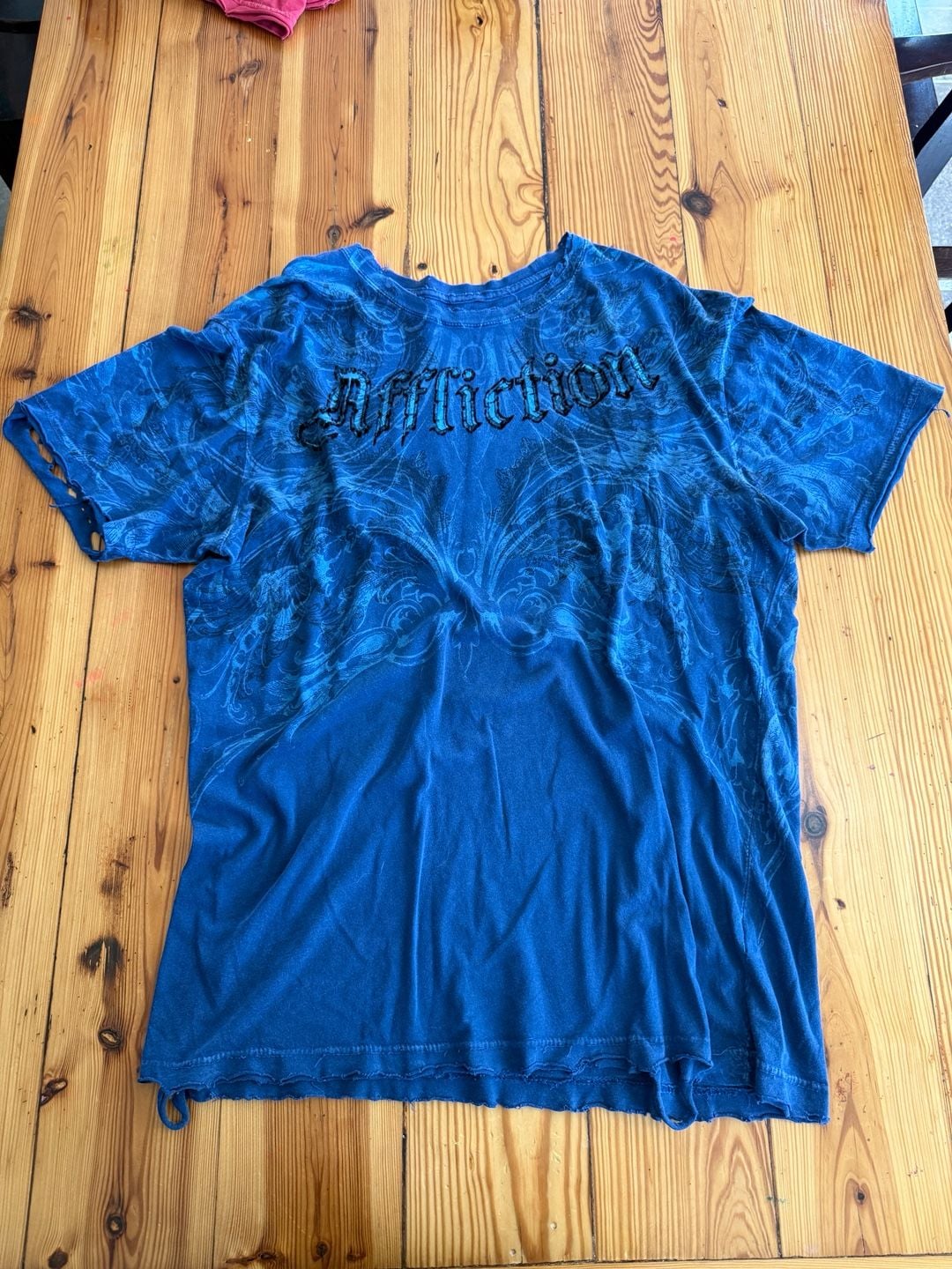 Affliction Graphic T-Shirt Blue Distressed Y2K 2