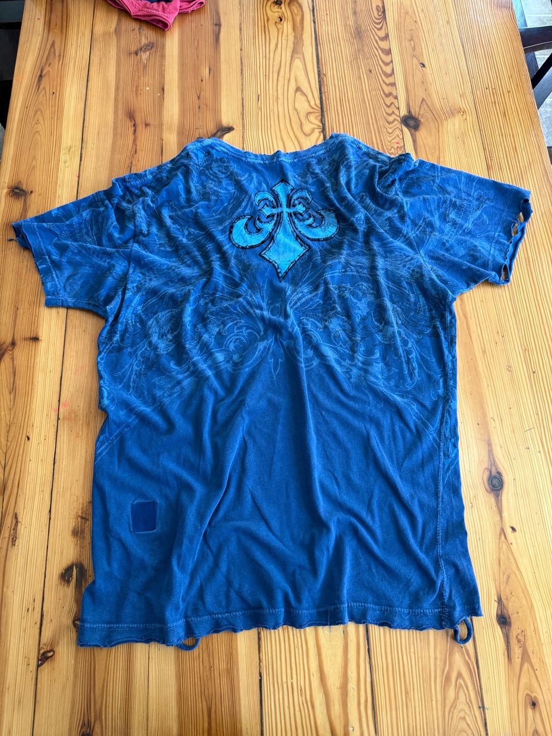 Affliction Graphic T-Shirt Blue Distressed Y2K 3