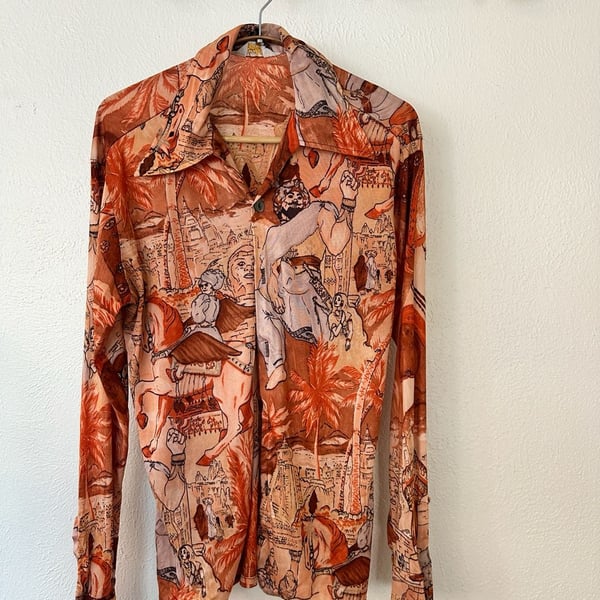 Mar Vista Sportswear Vintage 70s Orange Scene Print Disco Shirt