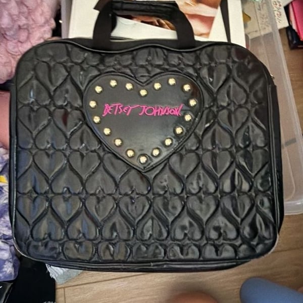 Betsey Johnson Black Quilted Heart Studded Laptop Bag