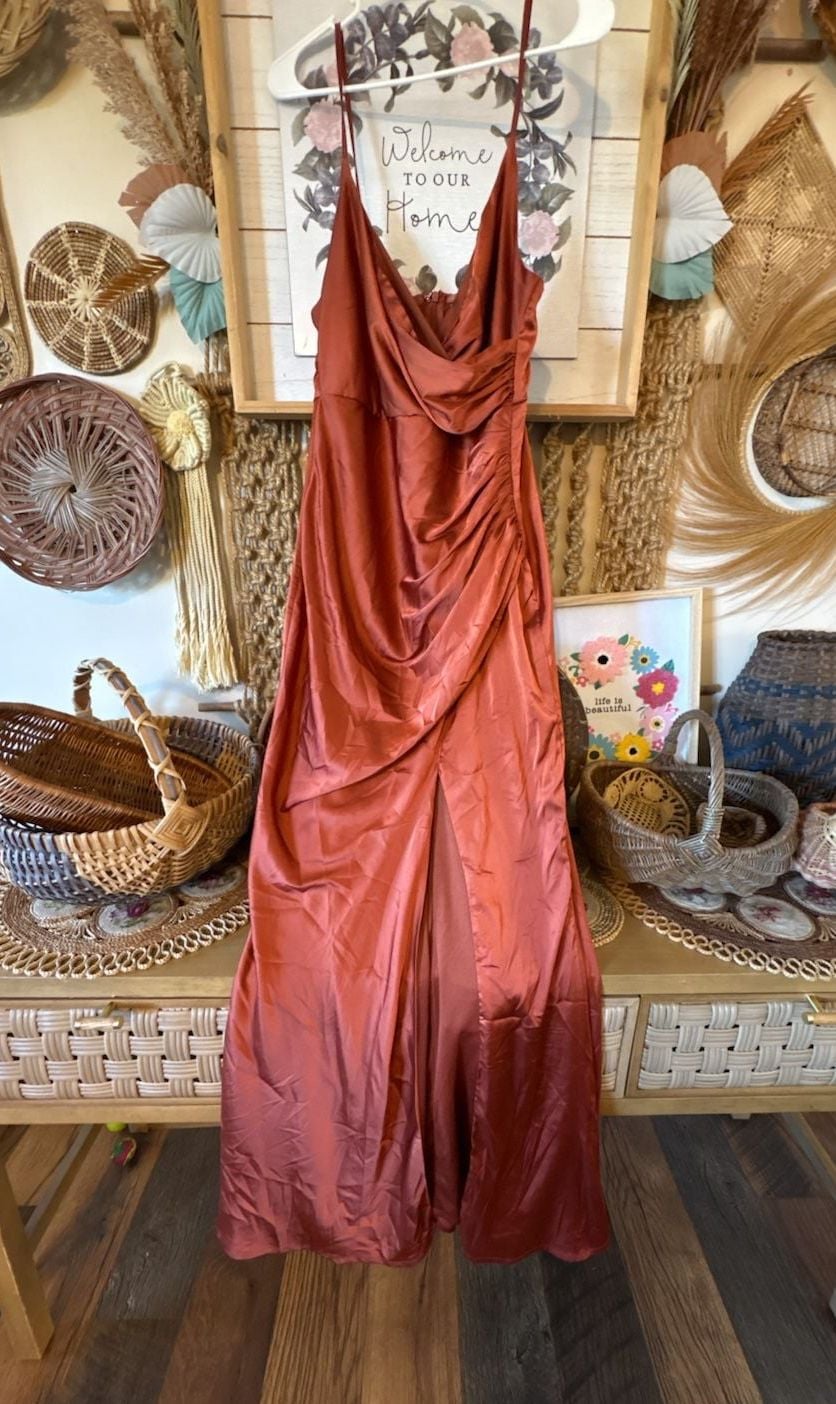 Baltic Born Satin Maxi Dress Size M Terracotta Slit Cowl 3