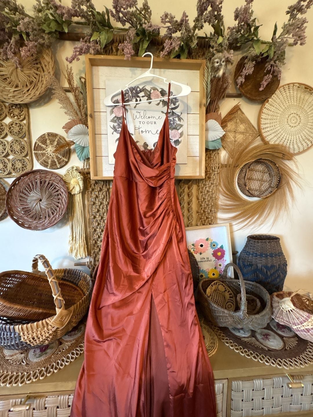Baltic Born Satin Maxi Dress Size M Terracotta Slit Cowl 2
