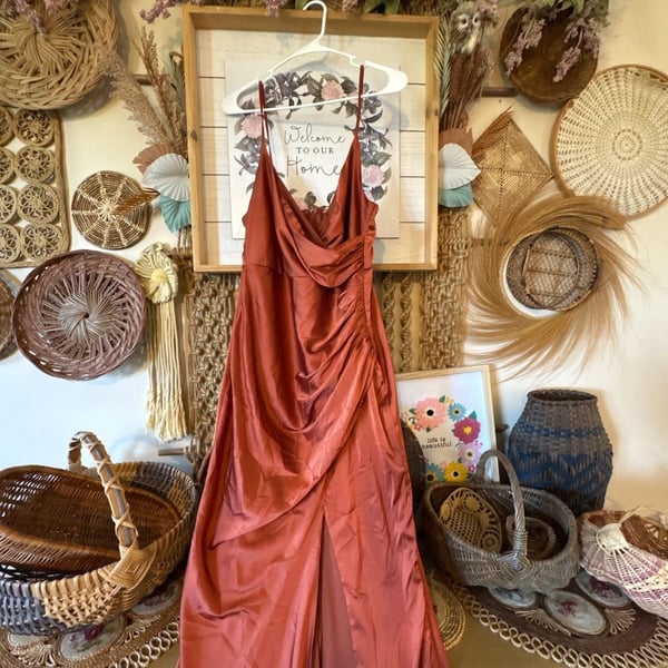 Baltic Born Satin Maxi Dress Size M Terracotta Slit Cowl