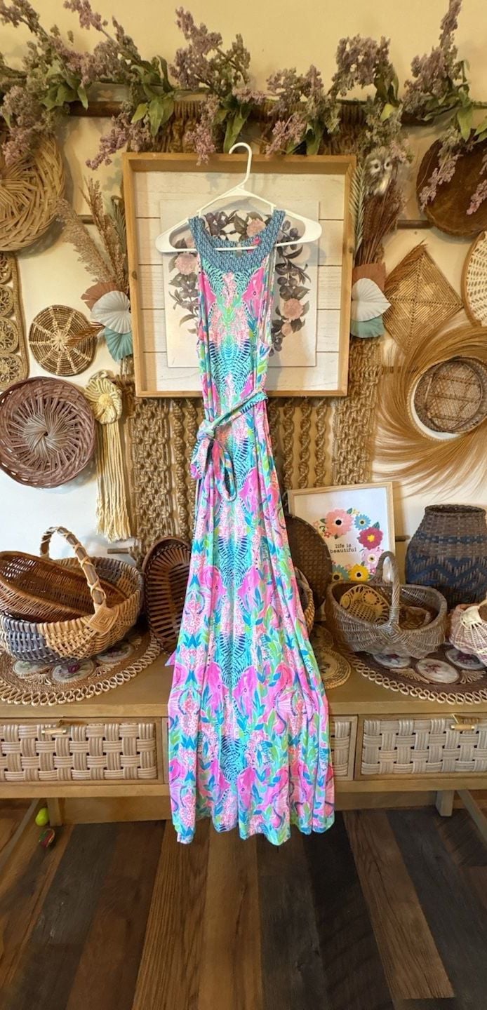 Lilly Pulitzer Monterrey Maxi Dress Size L Pink Blue Floral 2