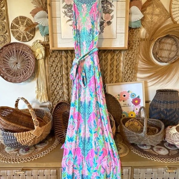 Lilly Pulitzer Monterrey Maxi Dress Size L Pink Blue Floral