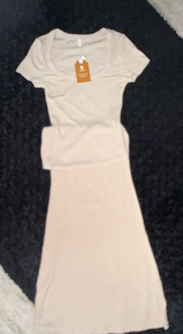 REORIA Ribbed Short Sleeve Midi Dress Size S Beige Scoop Neck 2