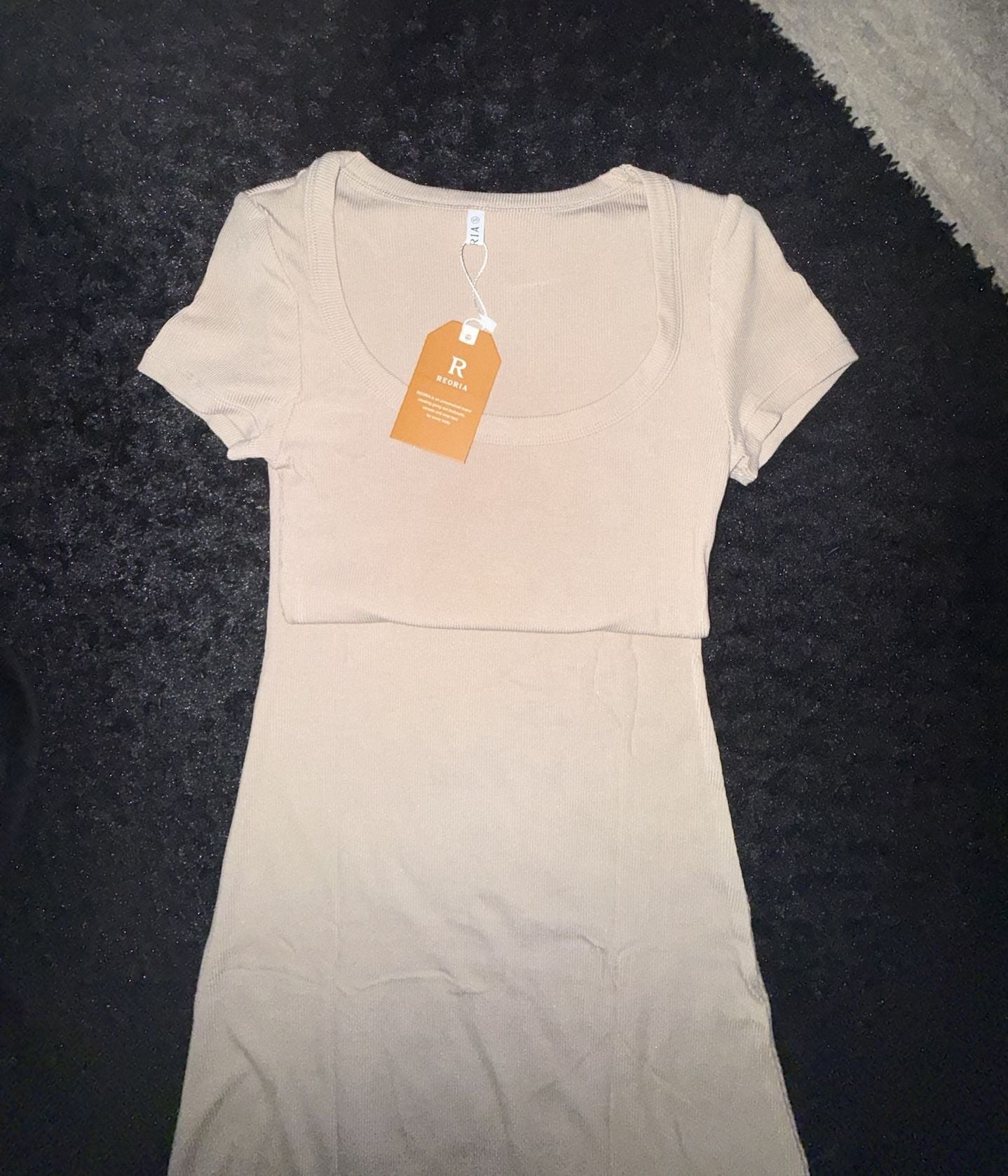 REORIA Ribbed Short Sleeve Midi Dress Size S Beige Scoop Neck 4