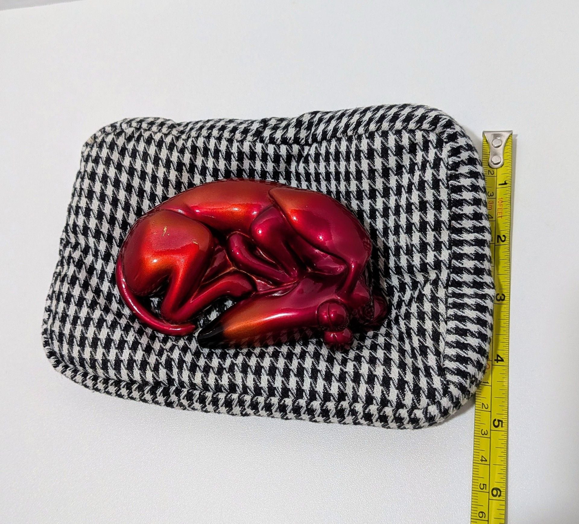 Red Ombre Dog Figurine Sleeping On Houndstooth Bed Mixed Media Collectible 3