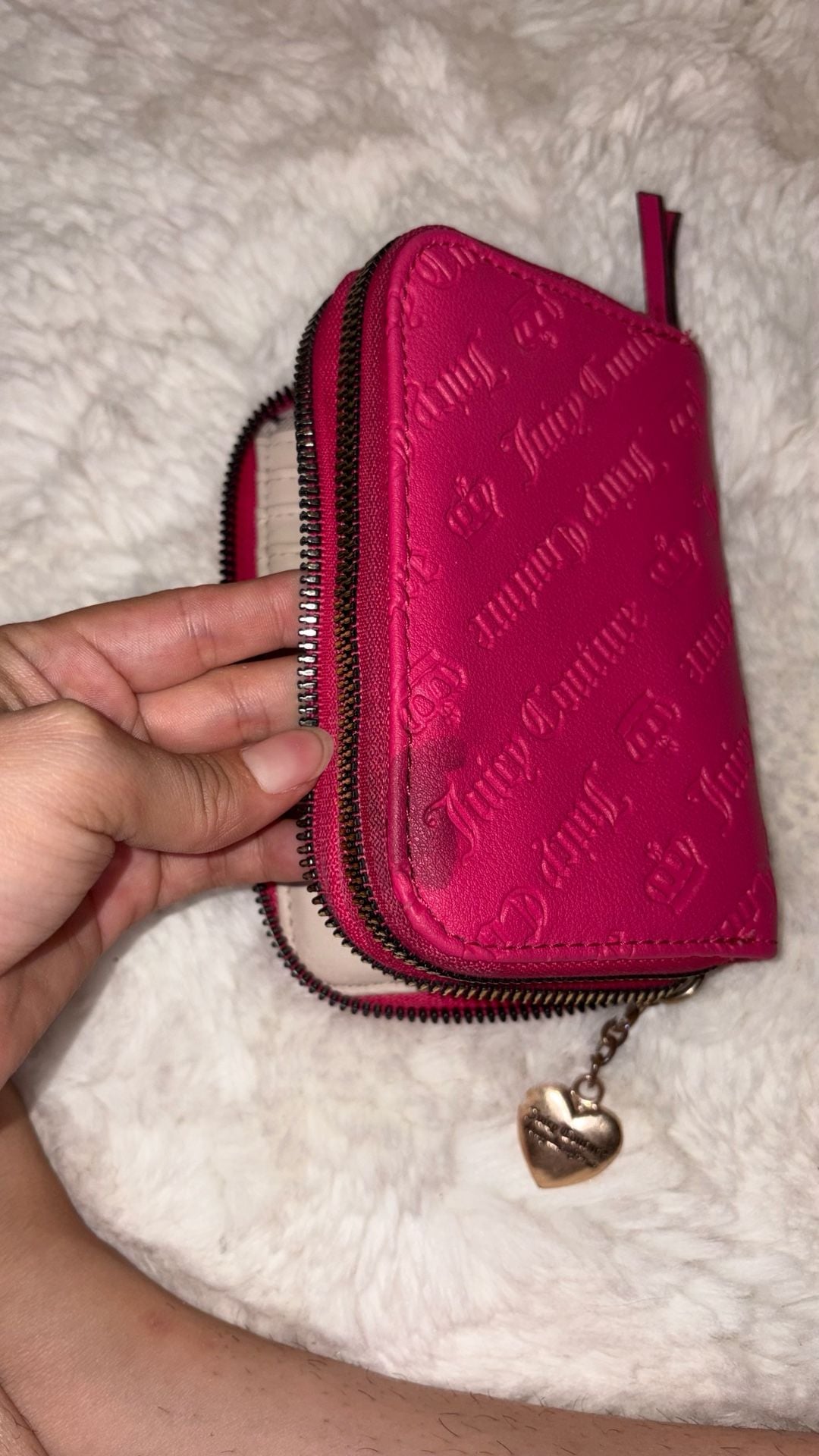 Juicy Couture Hot Pink Zip Around Dual Zipper Wallet w/Heart Charm 8