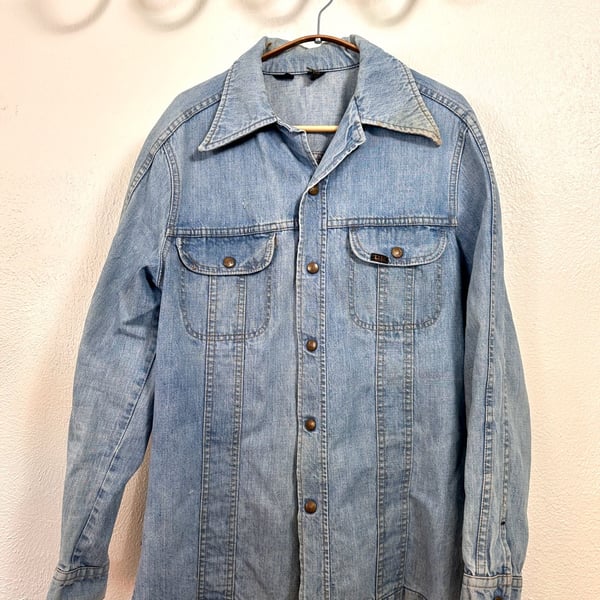 Lee Denim Shirt Jacket Size M-L Vintage 70s Blue Snap Western Chore