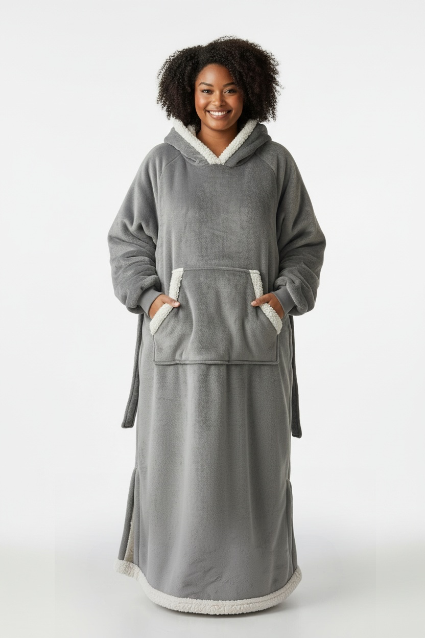 Bedsure Oversized Long Sherpa Fleece Wearable Blanket Hoodie Robe - Gray (A076) 2