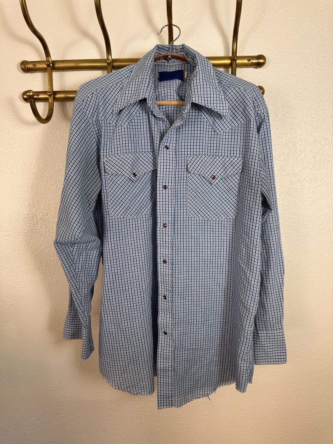 Vintage Western Wear Long Sleeve Western Shirt Size 16-33 Blue Gingham Plaid 2