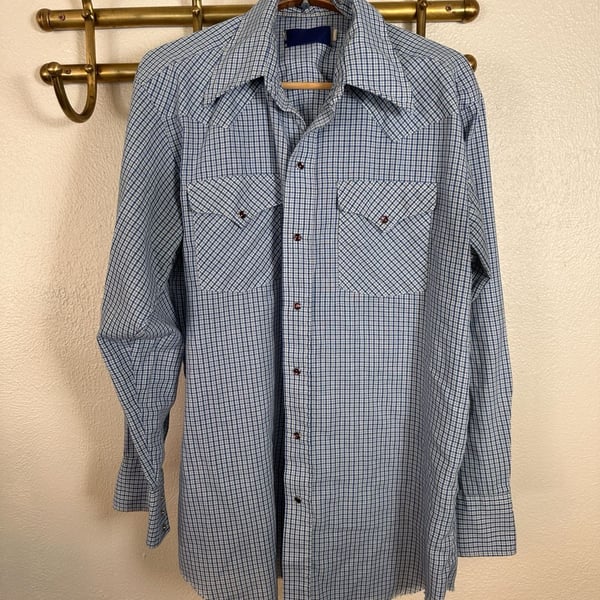 Vintage Western Wear Long Sleeve Western Shirt Size 16-33 Blue Gingham Plaid