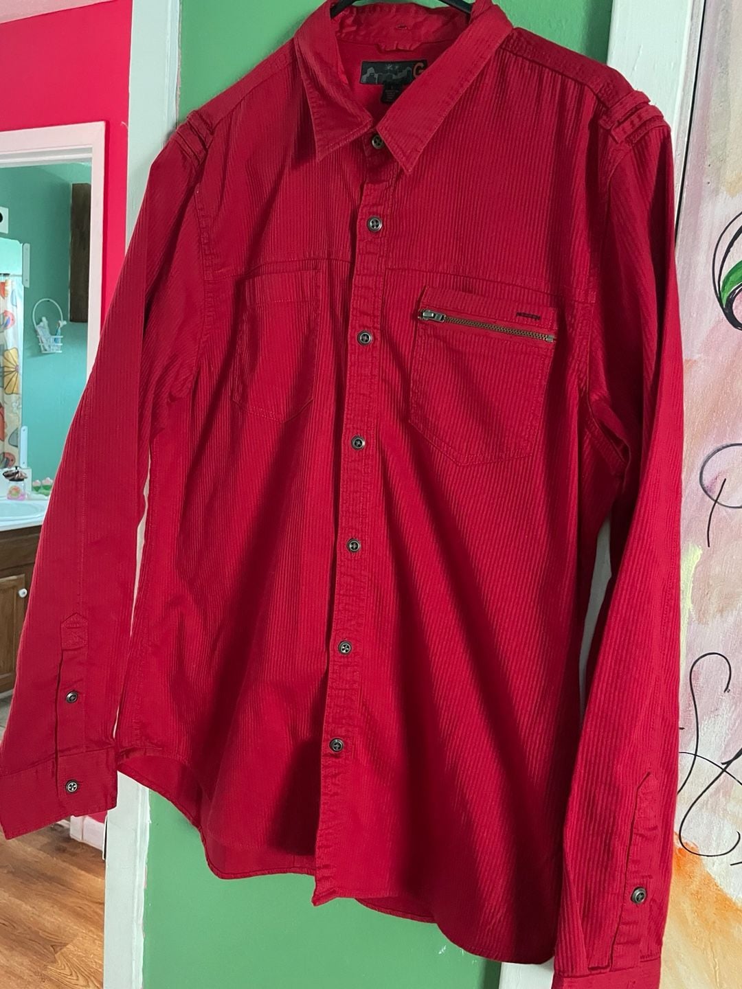 G by Guess Long Sleeve Button Down Shirt Size L Red Cotton 8