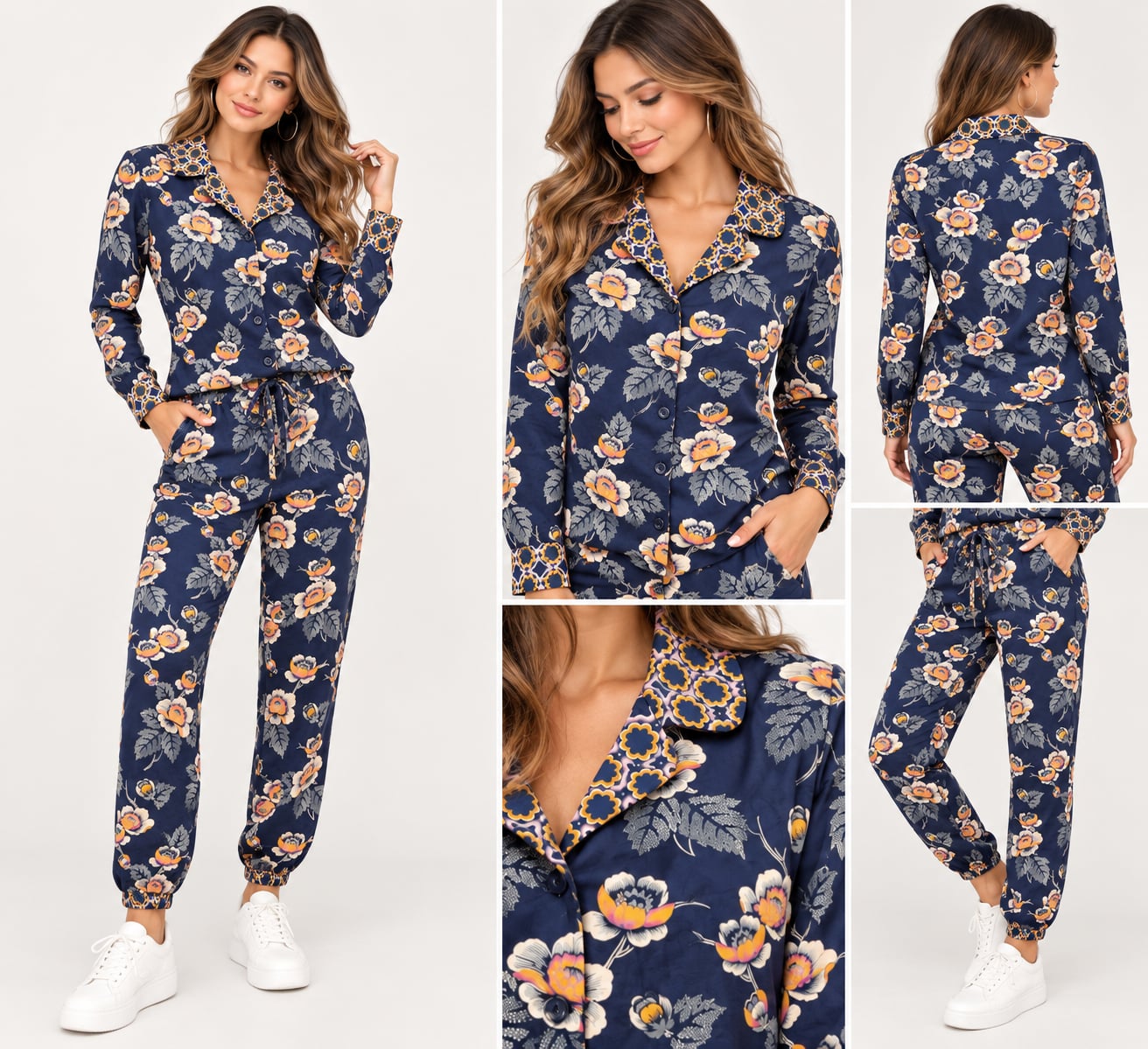 Vera Bradley small woman Evie Floral Long Sleeve Button Down Pajama Set Navy 1
