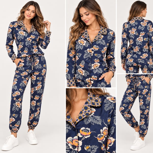 Vera Bradley small woman Evie Floral Long Sleeve Button Down Pajama Set Navy