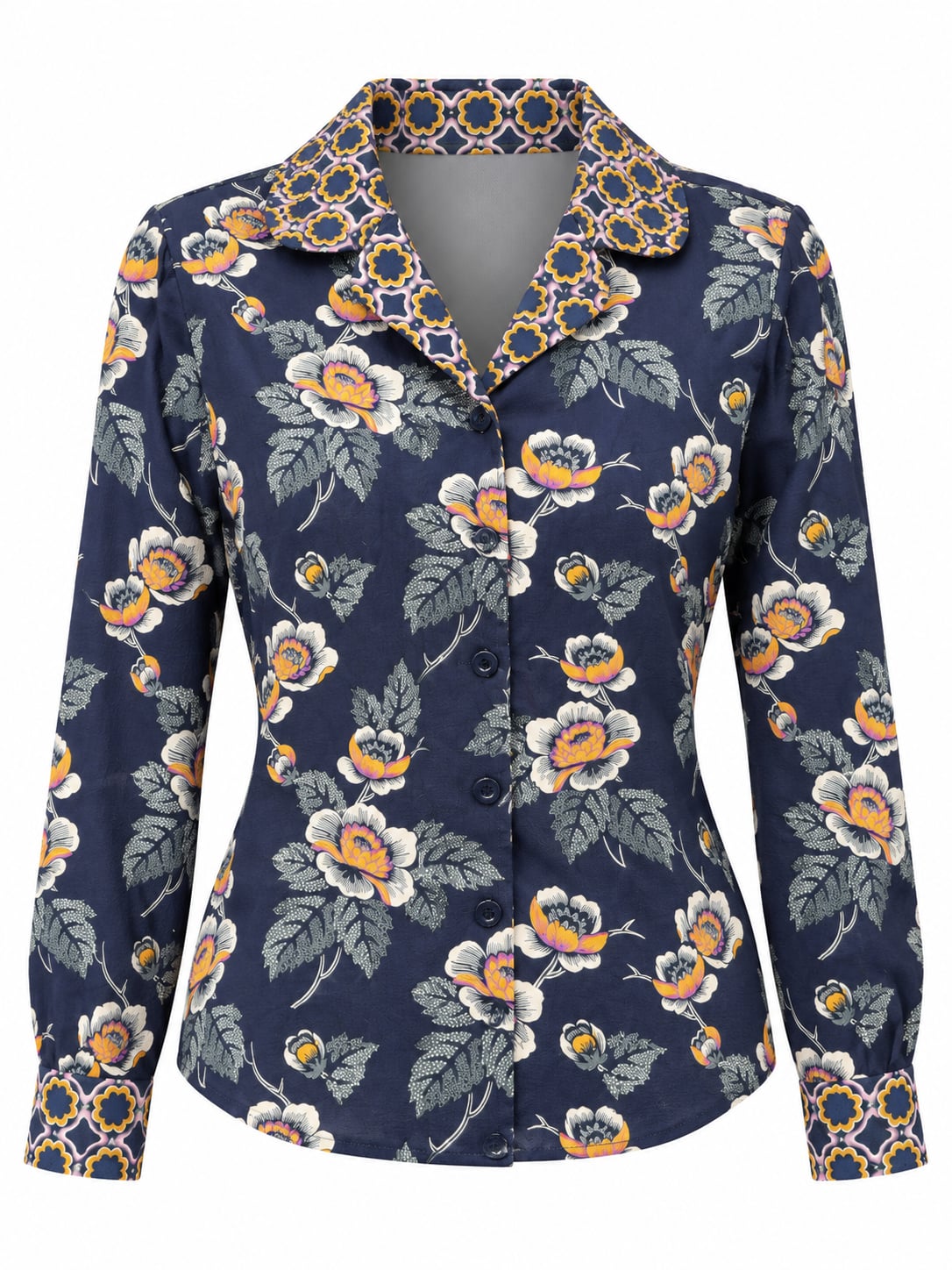 Vera Bradley small woman Evie Floral Long Sleeve Button Down Pajama Set Navy 2