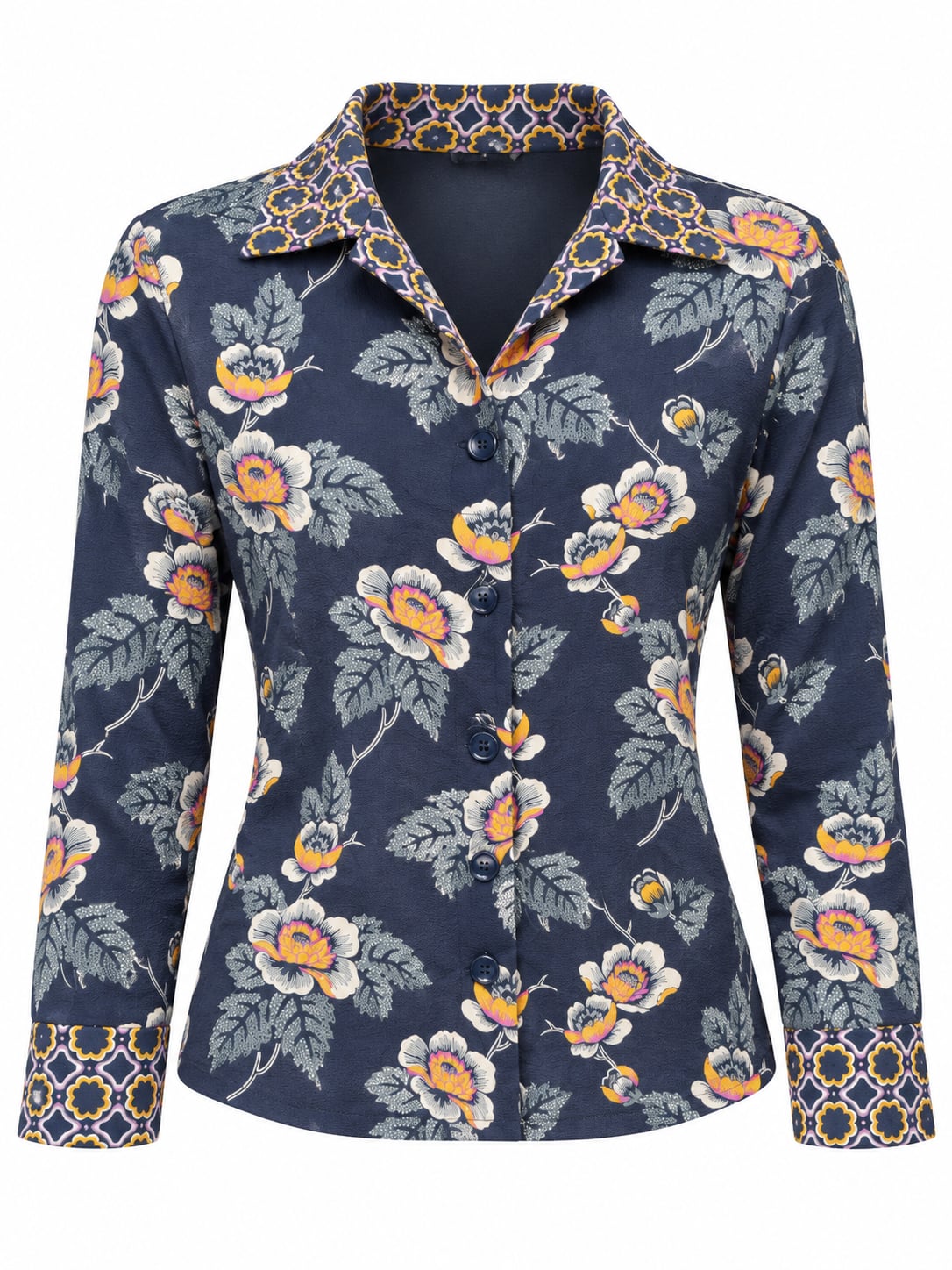 Vera Bradley small woman Evie Floral Long Sleeve Button Down Pajama Set Navy 8