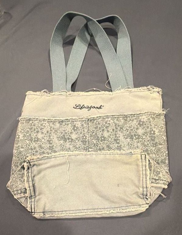 Life Is Good Blue Floral Denim Tote Bag 3