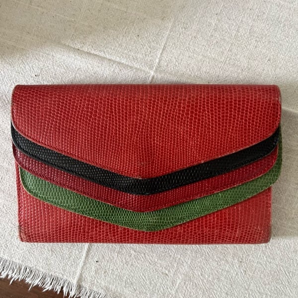 Sonia Lizard Skin Clutch Wallet Red Green Black