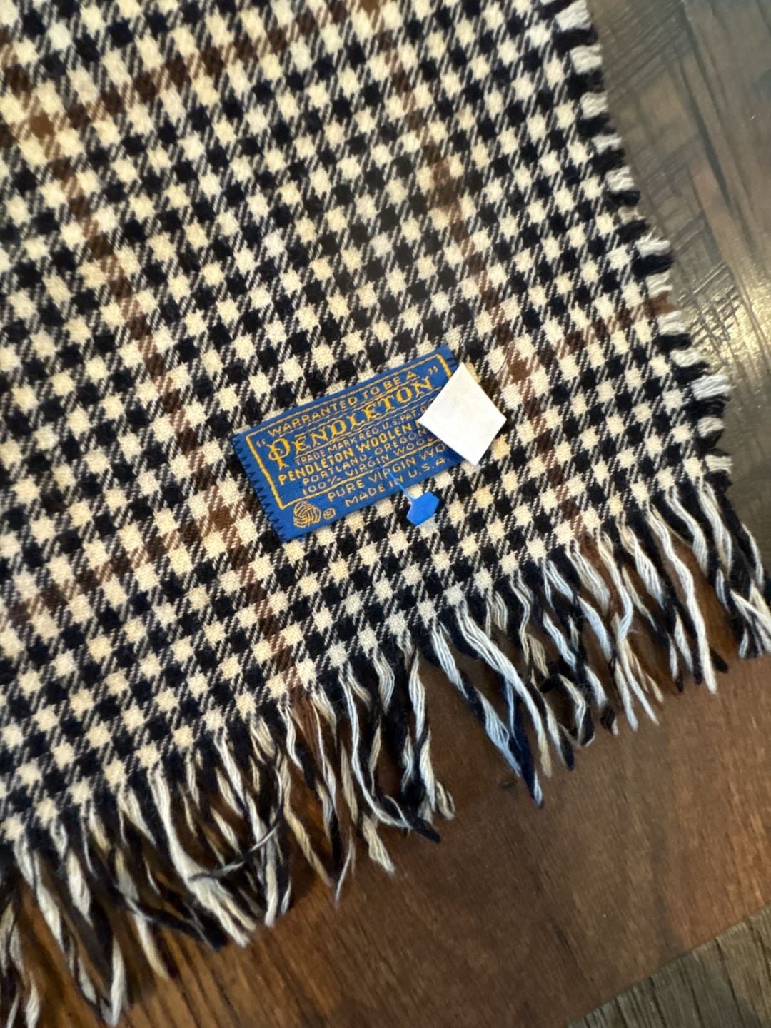 Pendleton Houndstooth Wool Scarf Black Brown Fringe 2