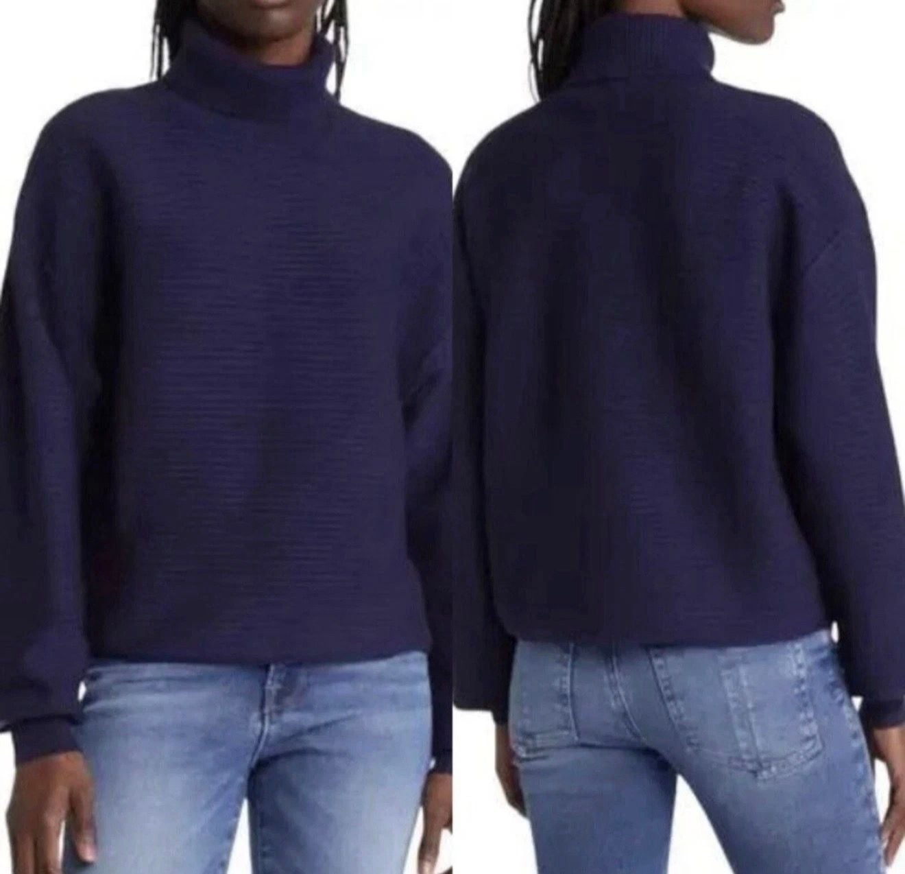 Good American Ribbed Turtleneck Sweater Size Small Blue Navy 4