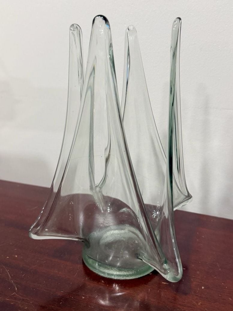 Vintage Handblown Art Swung Glass Pale Green Sculptural Vase Centerpiece 2