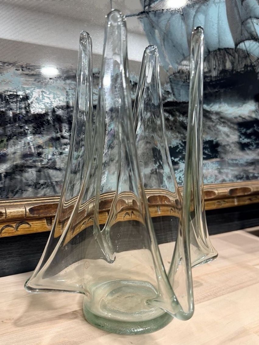 Vintage Handblown Art Swung Glass Pale Green Sculptural Vase Centerpiece 1