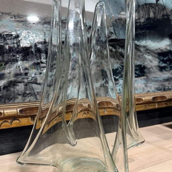 Vintage Handblown Art Swung Glass Pale Green Sculptural Vase Centerpiece