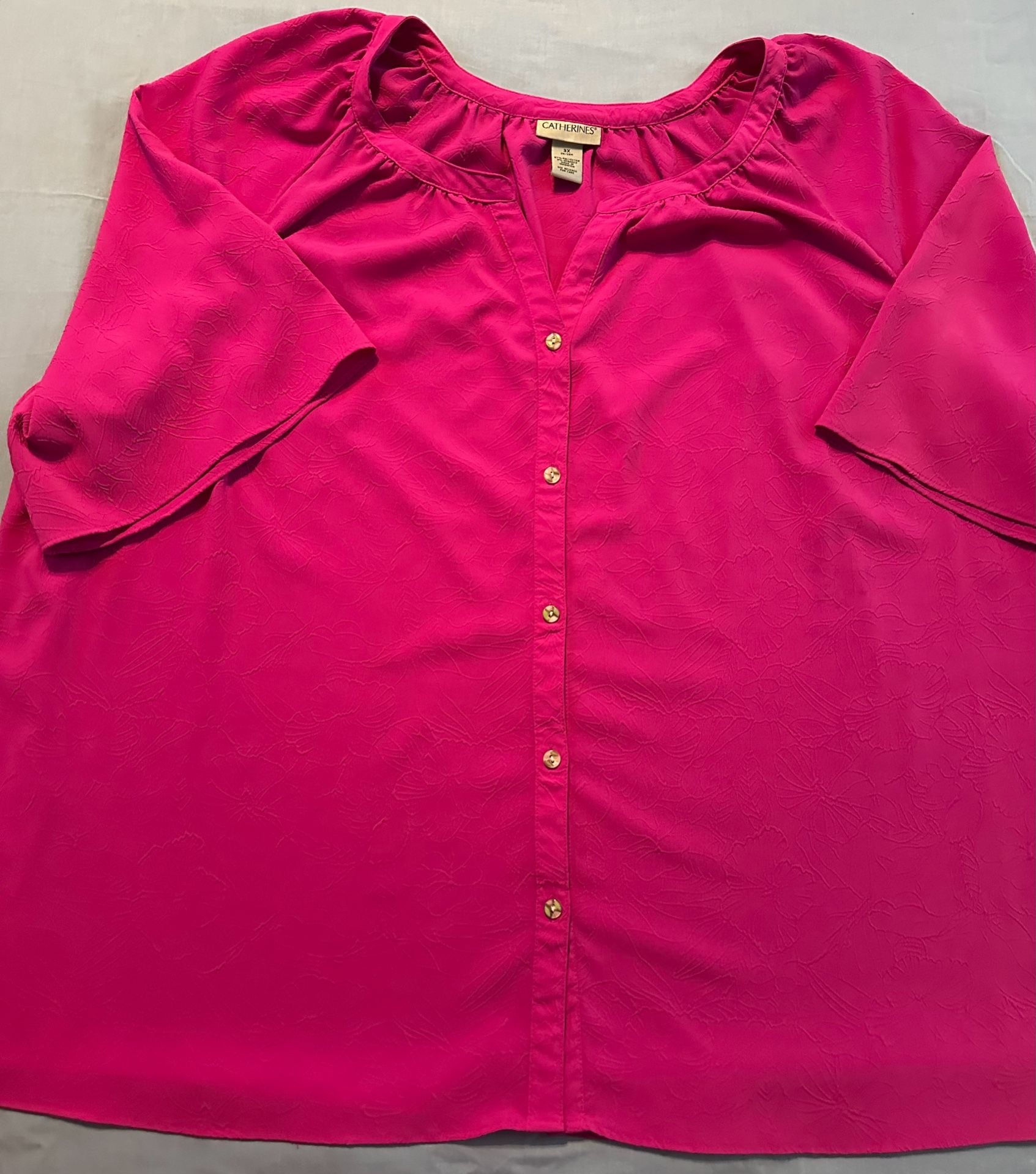 Catherines Blouse, Size 3X (26/28W), Pink Floral Textured Button Down 2