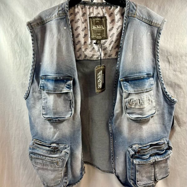 Von Dutch Denim Vest Size XXL Blue Cargo Pockets
