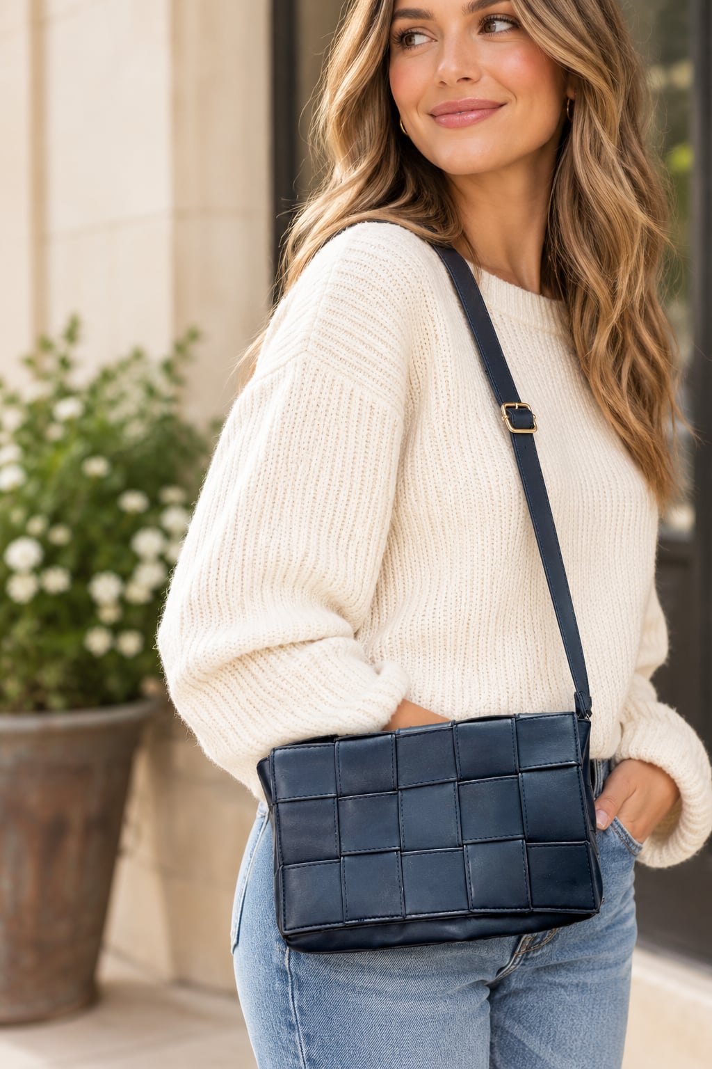 Sondra Roberts Navy Blue Woven Faux Leather Crossbody Bag Adjustable Strap 2