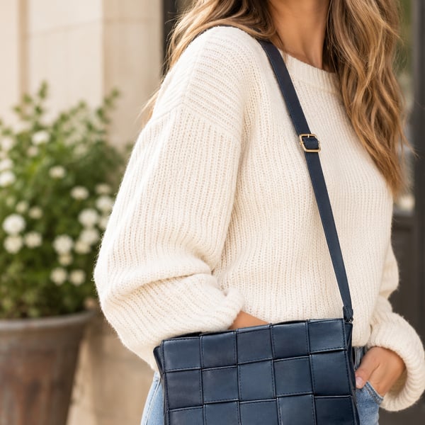 Sondra Roberts Navy Blue Woven Faux Leather Crossbody Bag Adjustable Strap