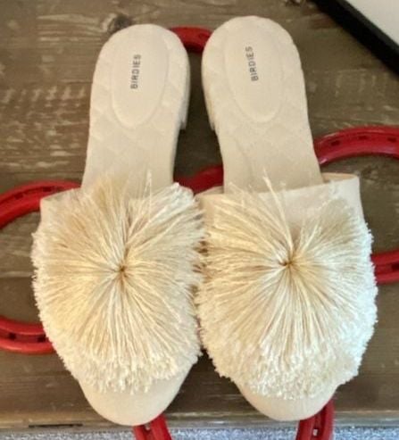 Birdies Songbird Mules Size 9 Cream Linen Pom Pom Slip On Slippers 2