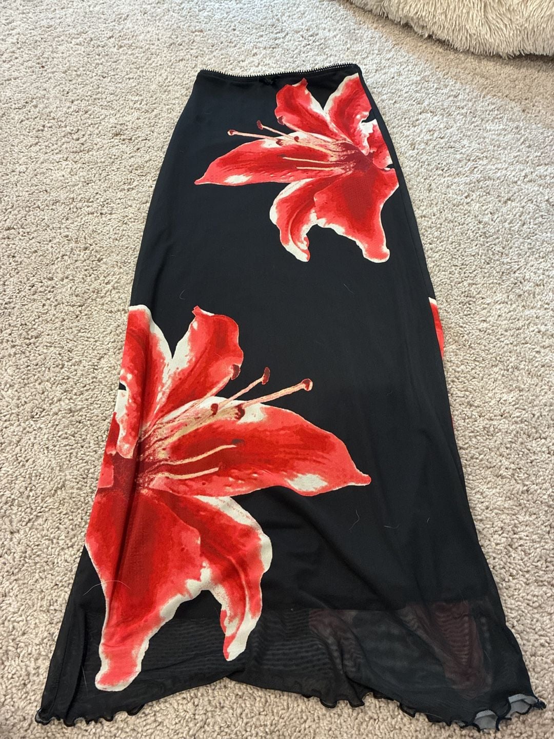 Derek Heart Floral Mesh Maxi Skirt Black Red Lily Print 1