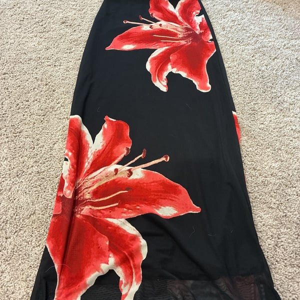 Derek Heart Floral Mesh Maxi Skirt Black Red Lily Print