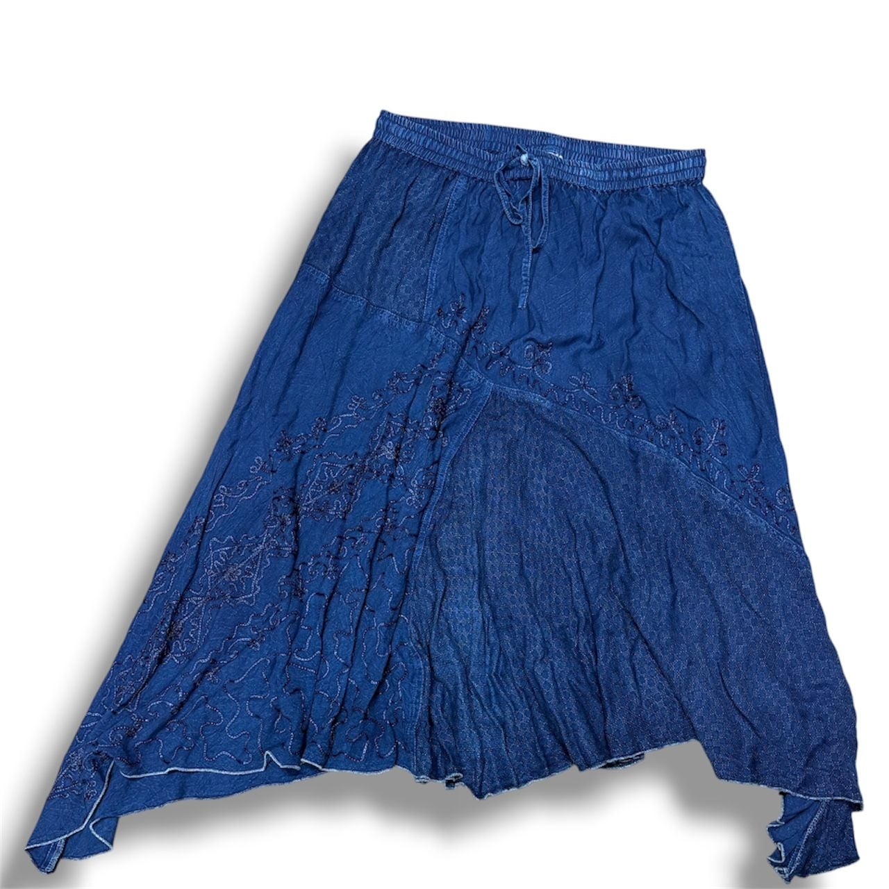 Blue embroidered cotton maxi skirt with elastic waist and drawstring 2