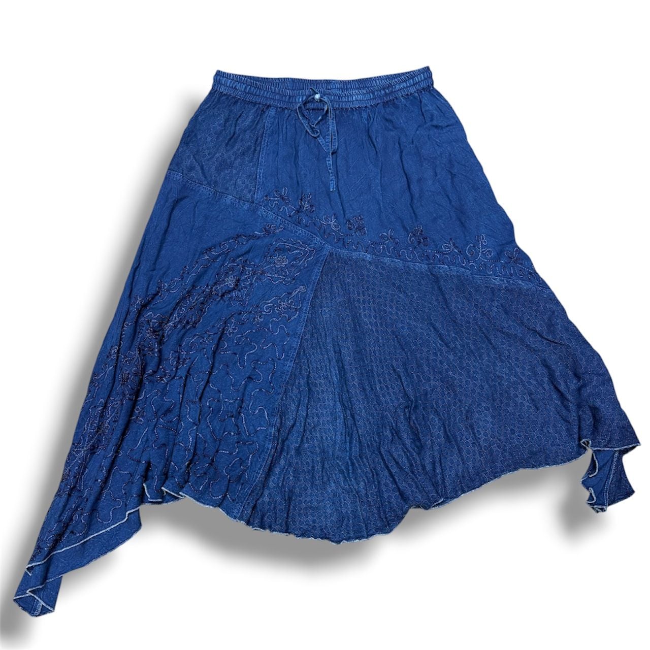 Blue embroidered cotton maxi skirt with elastic waist and drawstring 4