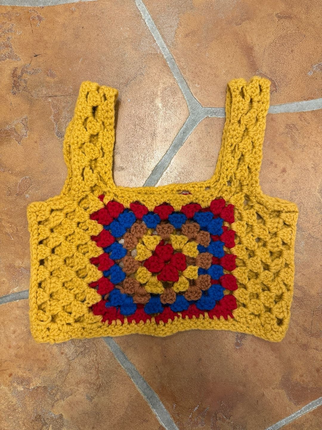 Vintage Handmade Crochet Granny Square Crop Top Yellow Red Blue 2