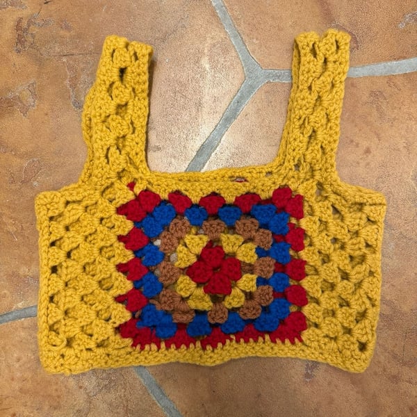 Vintage Handmade Crochet Granny Square Crop Top Yellow Red Blue