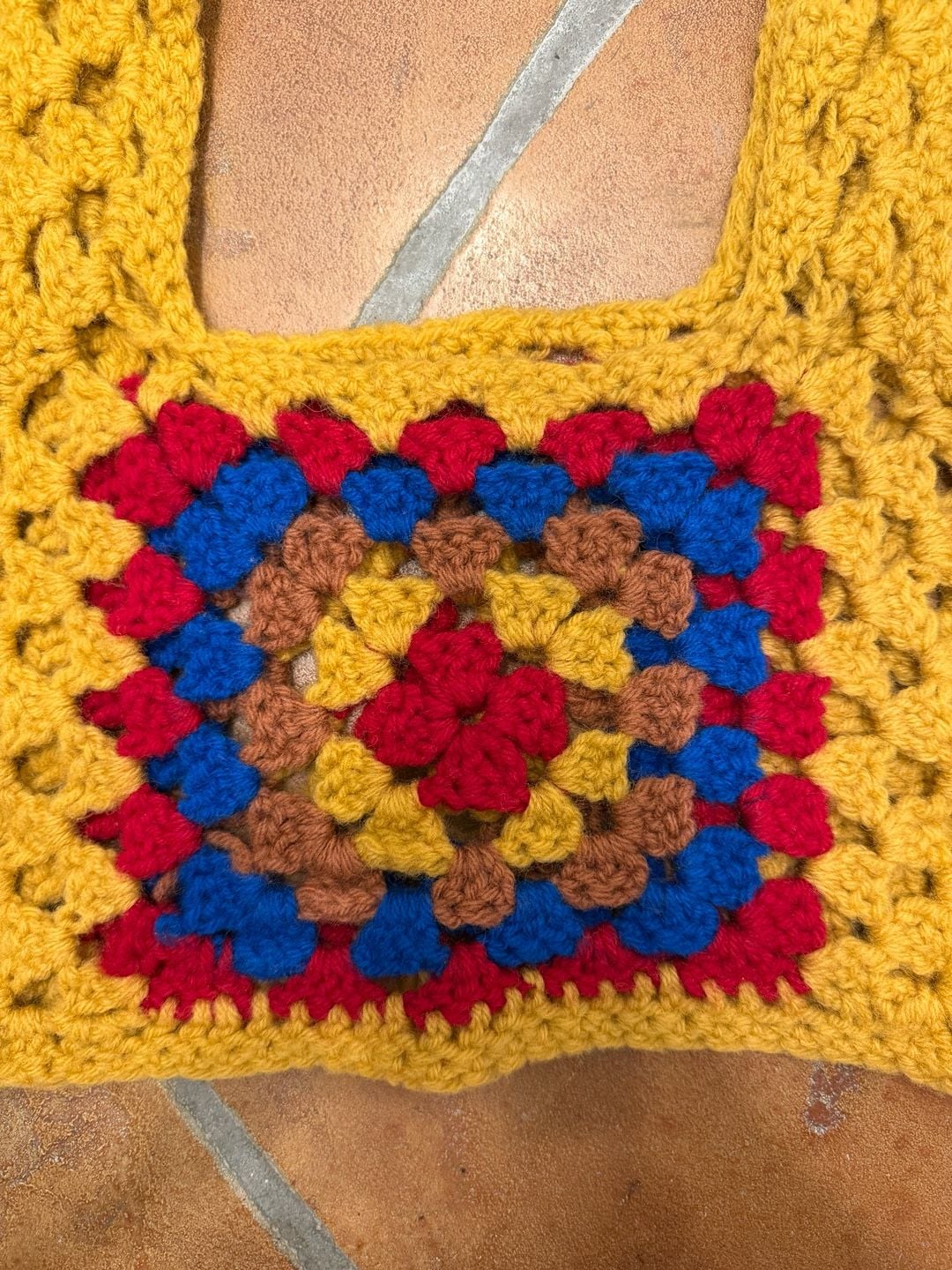 Vintage Handmade Crochet Granny Square Crop Top Yellow Red Blue 3