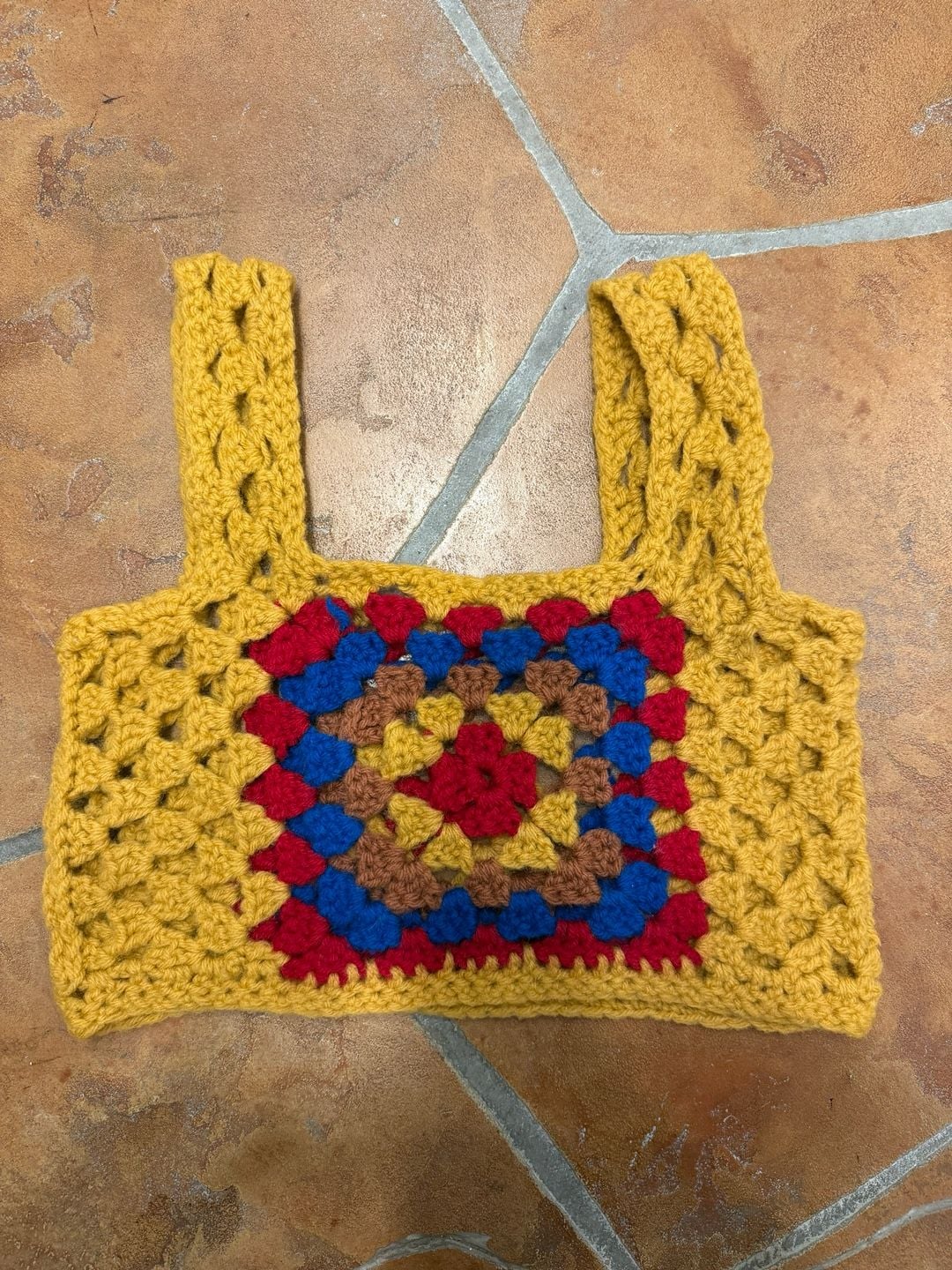 Vintage Handmade Crochet Granny Square Crop Top Yellow Red Blue 4